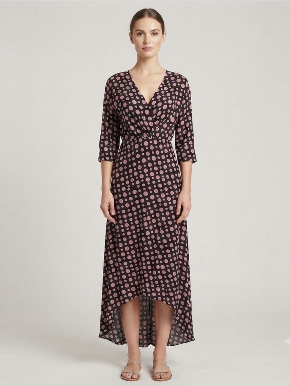 Blanka Cynthia Midi Dress XS Black Pink Shell Print High Low V Neck NWT $258